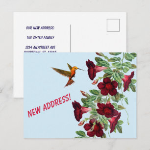Carte Postale Colibri et Fleurs Rouges Nouvelle Adresse