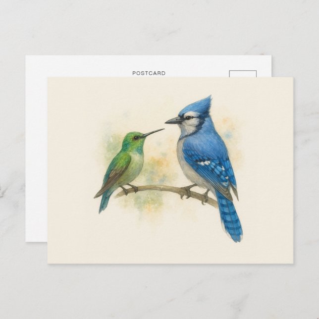 Carte Postale Colibri et Geai Bleu Nature  (Devant / Derrière)