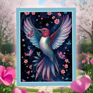 Carte Postale Colibri Magique Ailes Iridescentes Fleurs Roses