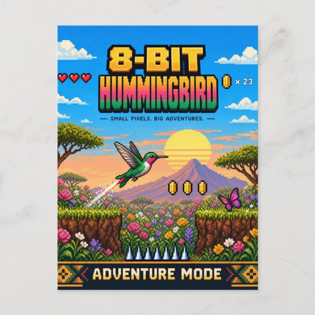 Carte Postale Colibri, Pixel Art Rétro 8 Bits (Devant)