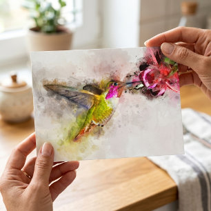 Carte Postale Colibri se nourrissant sur une fleur rose Aquarell