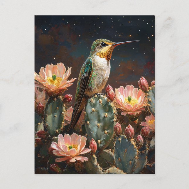 Carte Postale Colibri sur un cactus en fleurs (Devant)