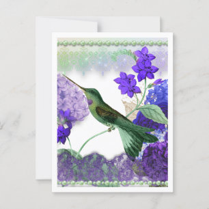 Carte Postale Colibri vert avec fleurs, dentelle, perles