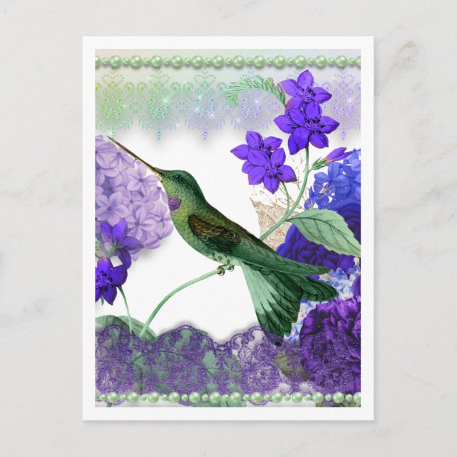 Carte Postale Colibri vert avec fleurs, dentelle, perles (Devant)