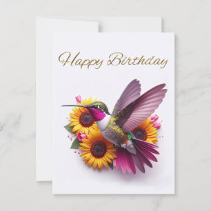 Carte Postale Colibri volant avec des fleurs Joyeux Anniversaire