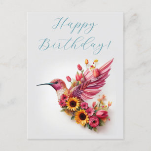 Carte Postale Colibri volant avec des fleurs Joyeux Anniversaire