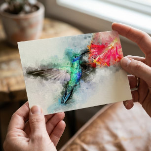 Carte Postale Colibri volant avec fleur Aquarelle - 01