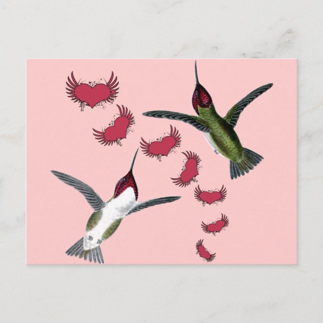 Carte Postale Colibris Grunge Cœurs avec des Ailes (Devant)