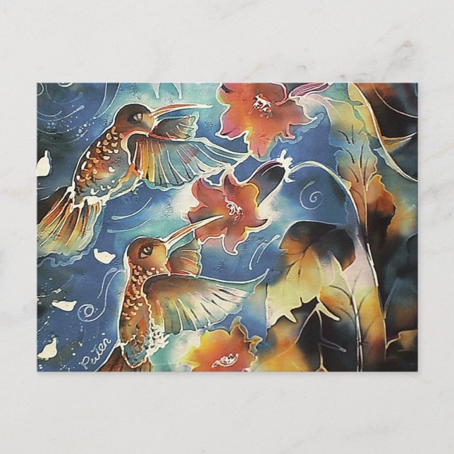 Carte Postale Colibris lumineux et fleurs (Devant)