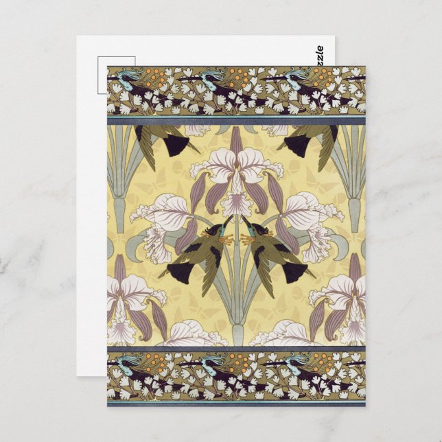 Carte Postale Colibris, Orchidées, Fermes de Maidenhair Art Nouv (Devant / Derrière)