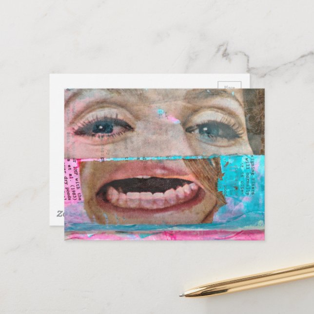 Carte Postale collage abstrait avec des yeux et une bouche (Devant/Arrière en situation)