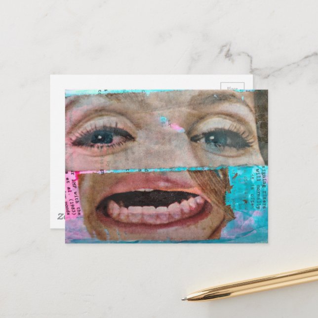 Carte Postale collage abstrait avec des yeux et une bouche de 19 (Devant/Arrière en situation)