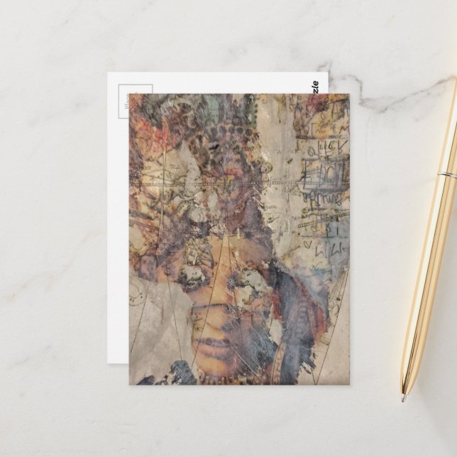 Carte Postale collage abstrait avec visage en technique mixte (Devant/Arrière en situation)