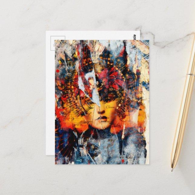 Carte Postale collage abstrait avec visage en technique mixte (Devant/Arrière en situation)