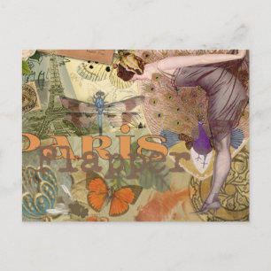 Carte Postale Collage Art Déco Paon Flapper Paris Vintage