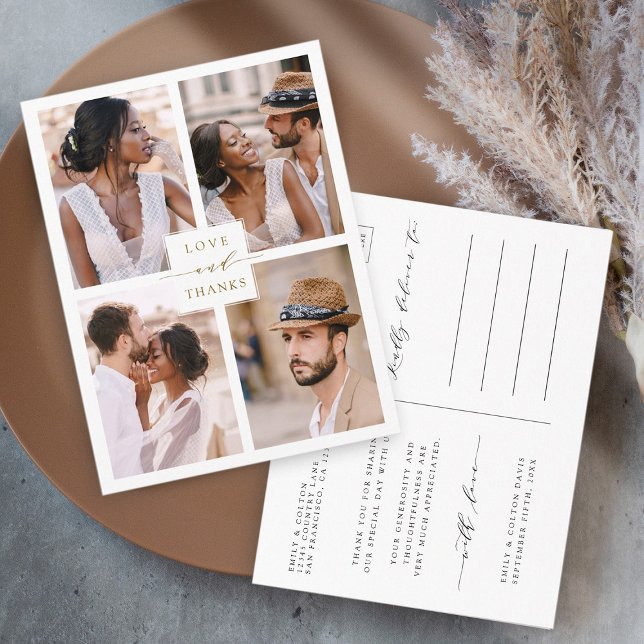 Carte Postale Collage de 4 photos modernes or Mariage Merci (Front & Back)