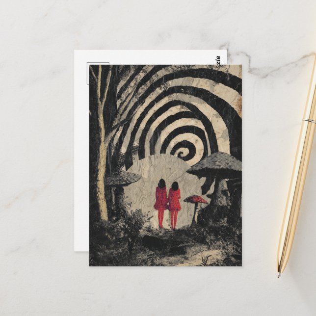 Carte Postale Collage de champignons surréels (Devant/Arrière en situation)