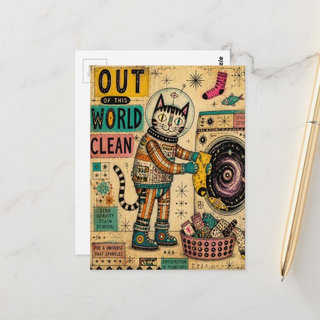 Carte Postale Collage de chat faisant la lessive (Devant/Arrière en situation)