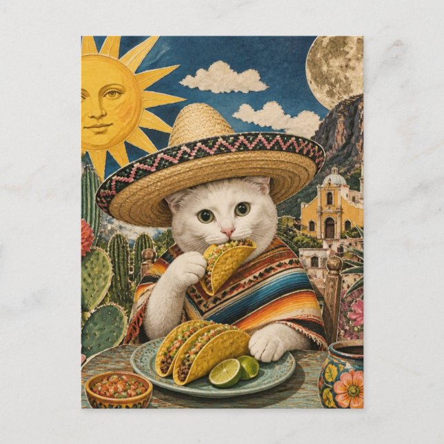 Carte Postale Collage de chat mignon mangeant des tacos (Devant)