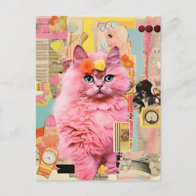 Carte Postale Collage de chat rose Fluffy Retro (Devant)
