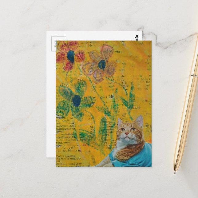 Carte Postale Collage de chaton roux adorable et de fleurs (Devant/Arrière en situation)