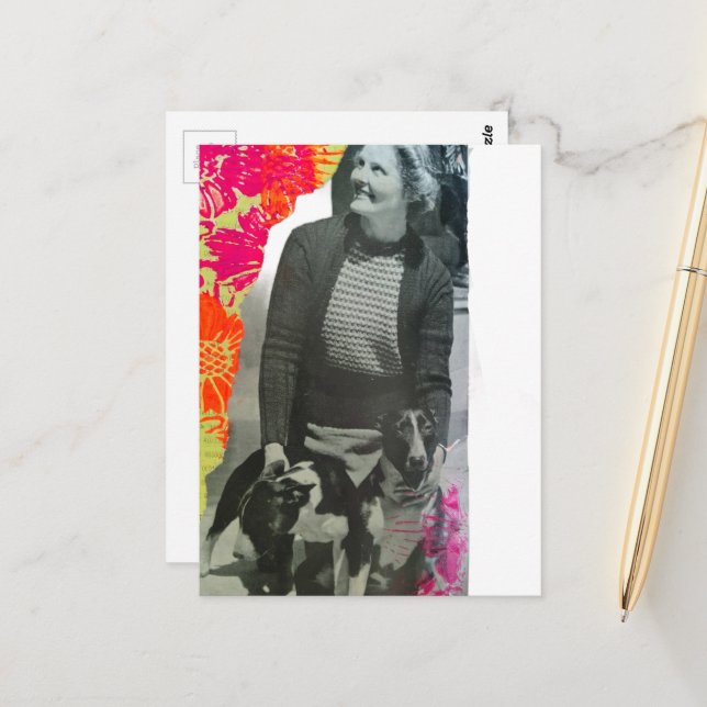 Carte Postale Collage de Dame avec Deux Chiens (Devant/Arrière en situation)