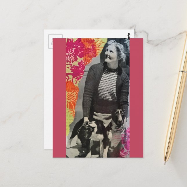 Carte Postale Collage de Dame Avec Deux Chiens (Devant/Arrière en situation)
