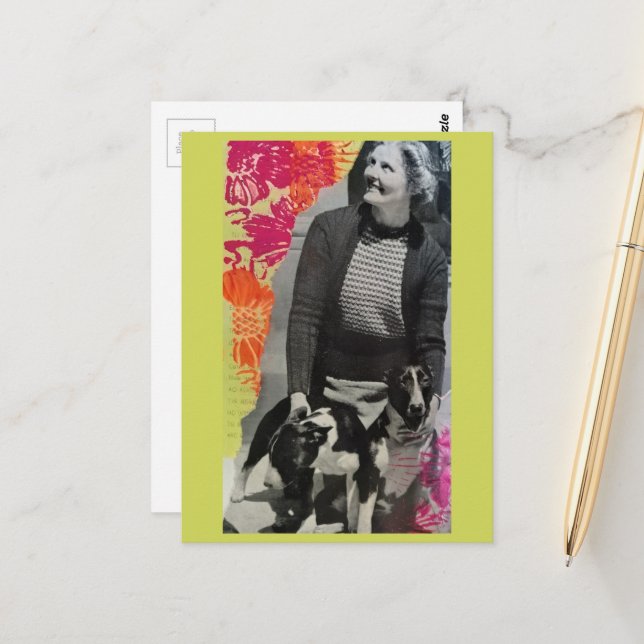 Carte Postale Collage de Dame avec Deux Chiens (Devant/Arrière en situation)