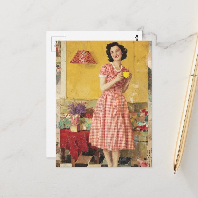 Carte Postale collage de dame de l'ère des années 1950 (Devant/Arrière en situation)