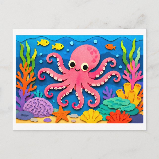 Carte Postale Collage de découpage de papier de pieuvre (Devant)
