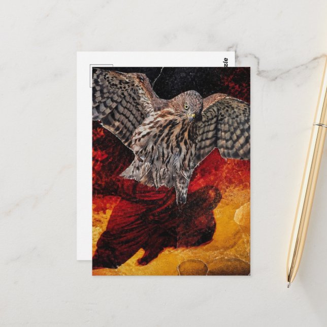 Carte Postale Collage de fantaisie d'un faucon dansant dans une  (Devant/Arrière en situation)