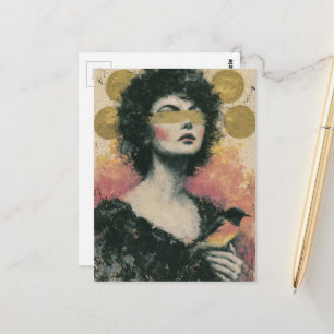 Carte Postale Collage de femme et d'oiseau en techniques mixtes