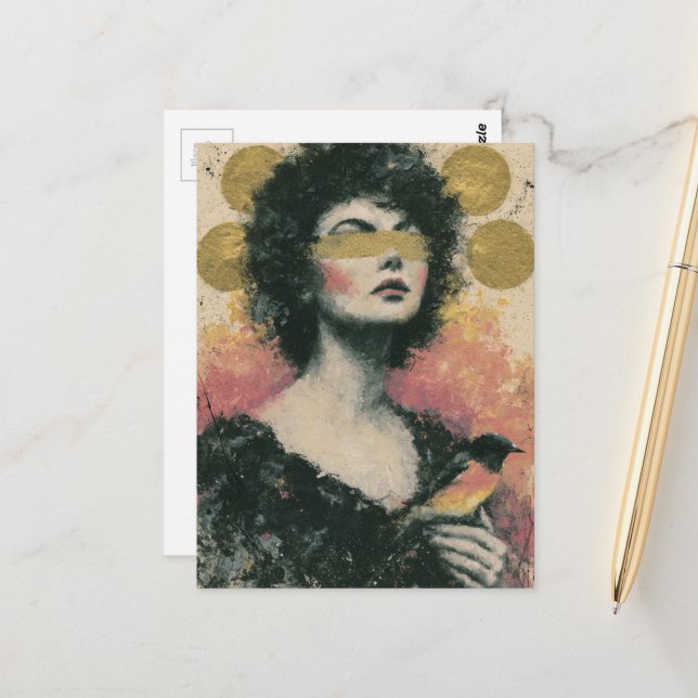 Carte Postale Collage de femme et d'oiseau en techniques mixtes (Devant/Arrière en situation)