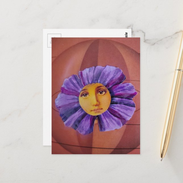 Carte Postale Collage de fleur avec un visage (Devant/Arrière en situation)