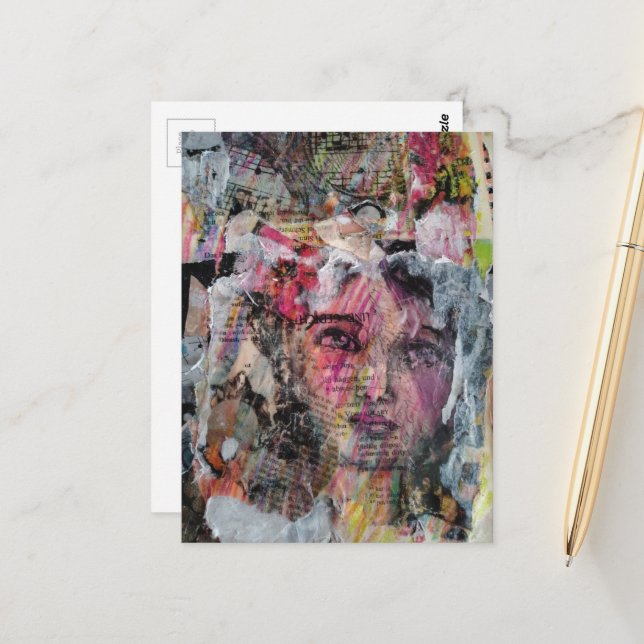 Carte Postale Collage de médias mixtes au visage unique (Devant/Arrière en situation)