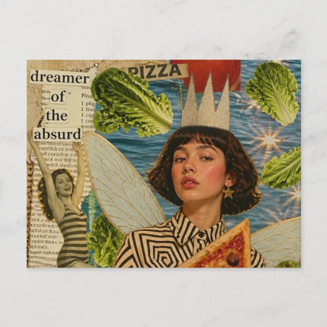 Carte Postale Collage de médias mixtes de fée de pizza (Devant)