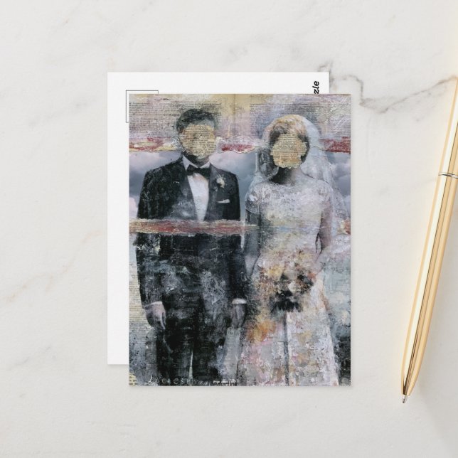 Carte Postale Collage de médias mixtes de mariée et de marié (Devant/Arrière en situation)