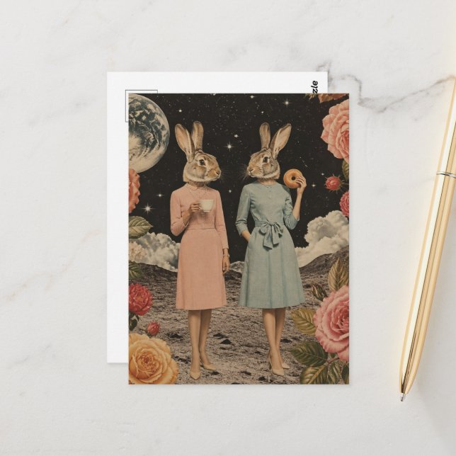 Carte Postale Collage de petit déjeuner de dames lapins surréali (Devant/Arrière en situation)