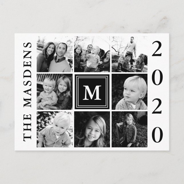 Carte Postale Collage de photos de famille au monogramme noir (Devant)