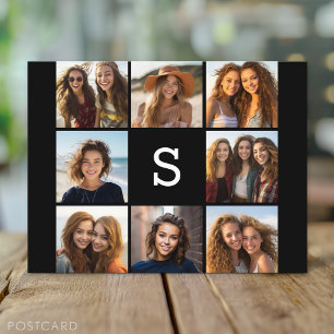 Carte Postale Collage de photos personnalisé monogramme noir uni