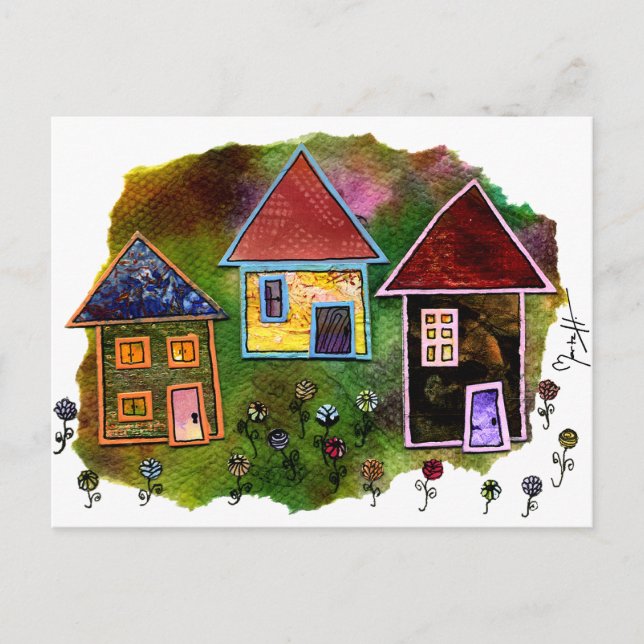 Carte Postale Collage de trois maisons avec fleurs (Devant)