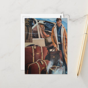 Carte Postale Collage de valises vintage homme et femme montagne