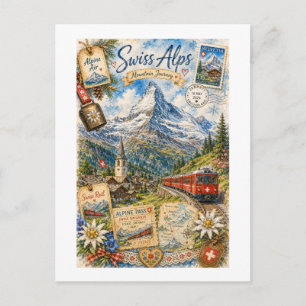 Carte Postale Collage de voyage vintage des Alpes suisses 