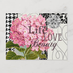 Carte Postale Collage d'hortensia rose chic Art damassé vintage