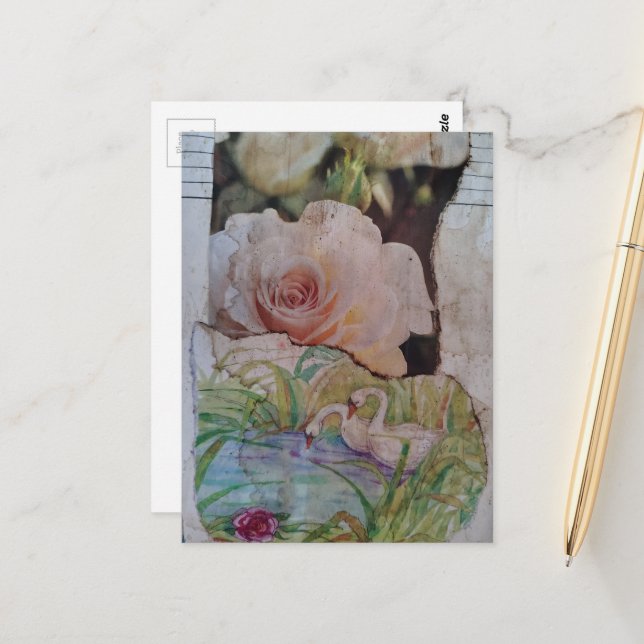 Carte Postale Collage du cygne et des roses (Devant/Arrière en situation)