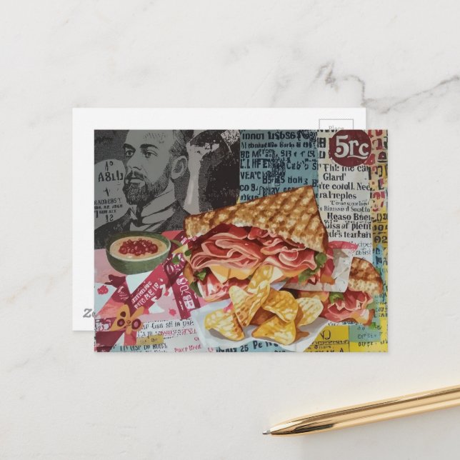 Carte Postale collage du journal de junk avec sandwich et frites (Devant/Arrière en situation)