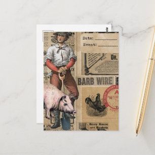 Carte Postale Collage du porc et du fermier vintage