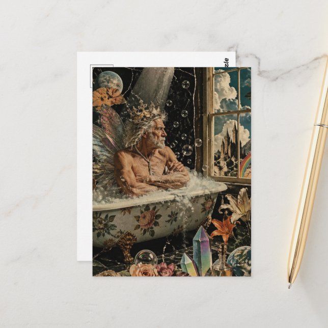 Carte Postale Collage du roi fée se baignant (Devant/Arrière en situation)