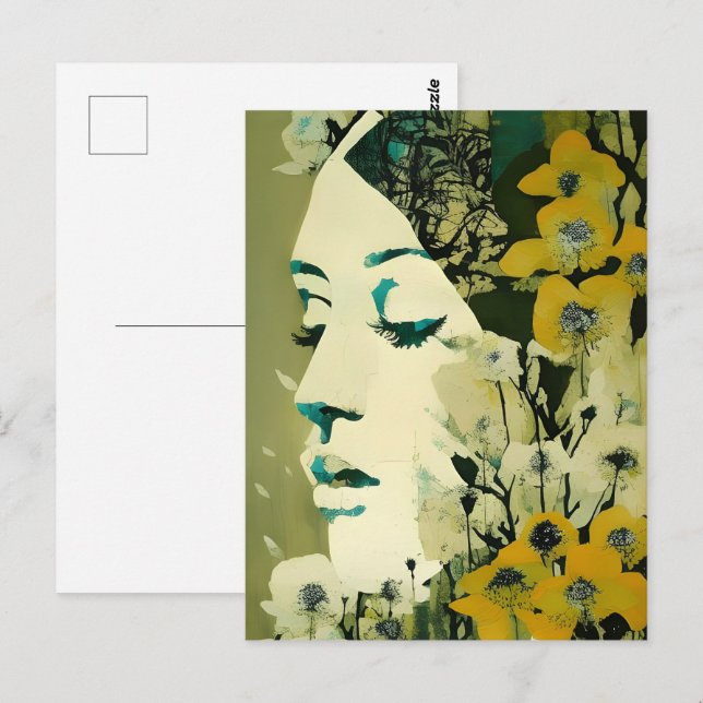 Carte Postale Collage du visage de femme et fleurs (Devant / Derrière)