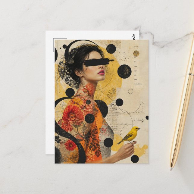 Carte Postale Collage d'une femme et d'un oiseau jaune (Devant/Arrière en situation)